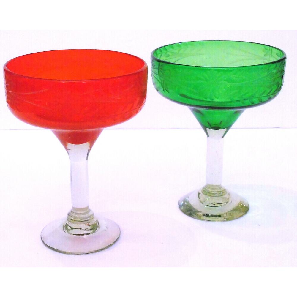 Hand Blown Margarita Glasses Set 2 Artisan Etched Green Red Holiday Stem Glass